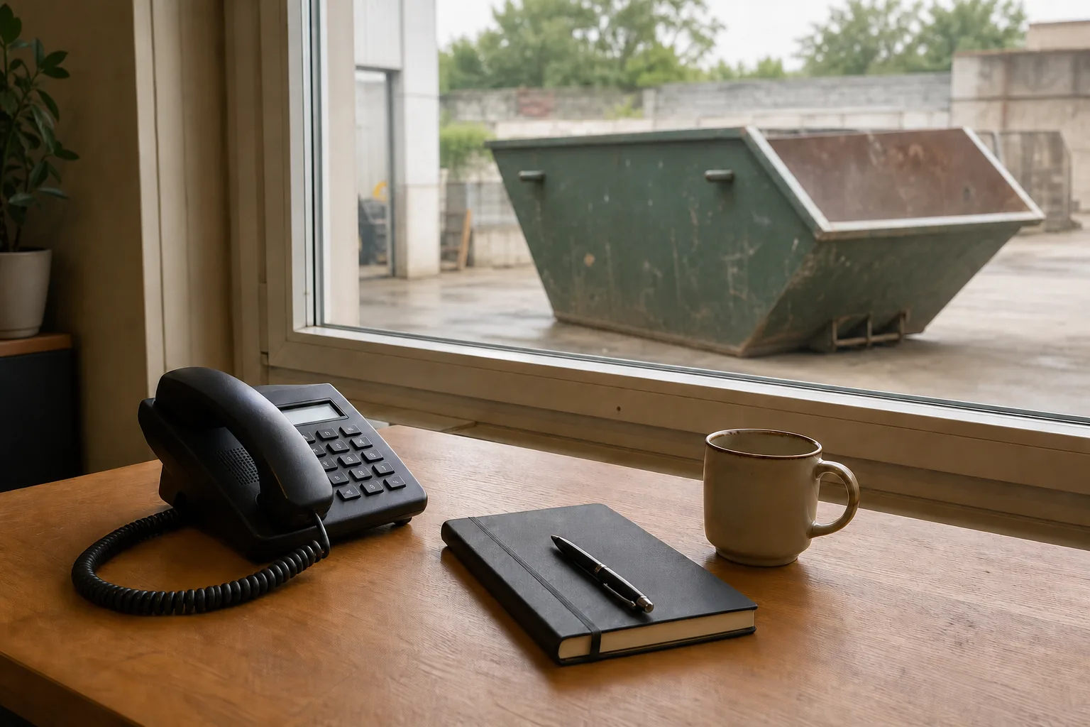 Ügyfélszolgálati telefon egy konténertelepre néző iroda ablakában