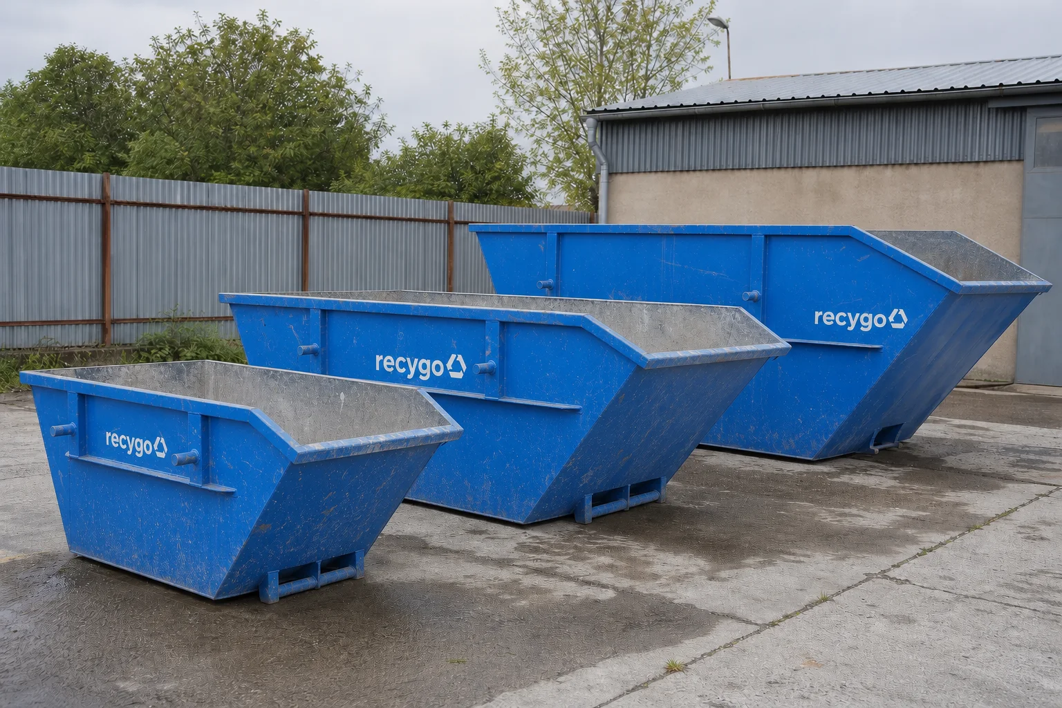 Három különböző méretű kék Recygo konténer egy telephelyen